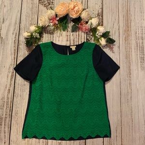 J.Crew Lace Front Blouse Green Navy Keyhole Neck